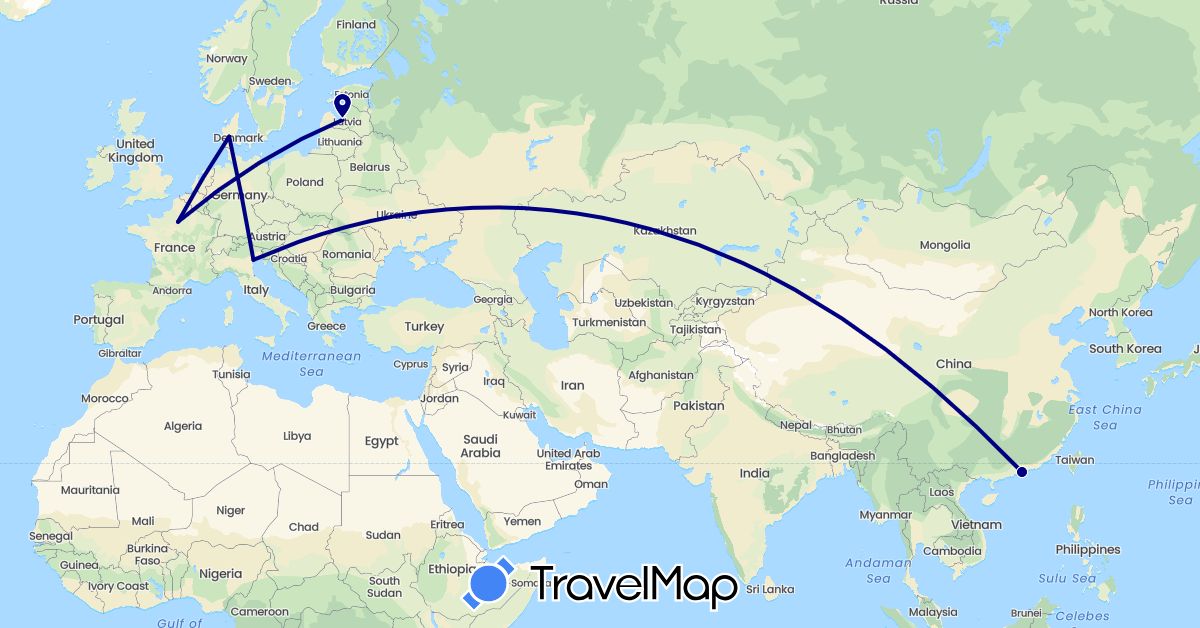 TravelMap itinerary: driving in China, Denmark, France, Italy, Latvia (Asia, Europe)